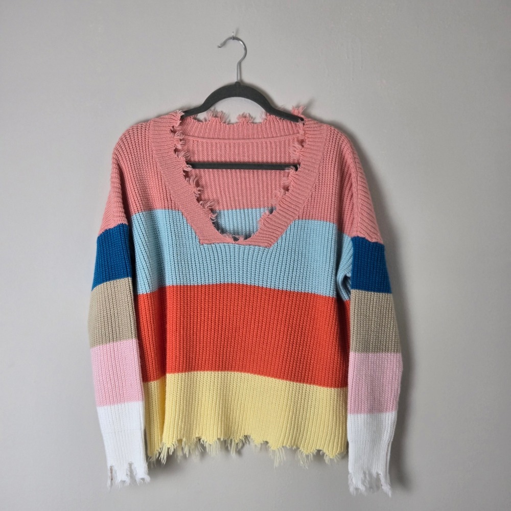 Distressed Colorblock Striped Knit Sweater V-Neck Pink Blue Orange Yellow XL